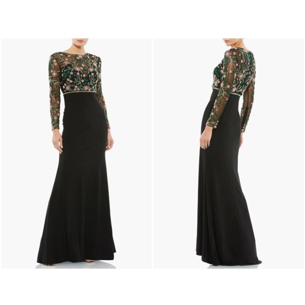 Mac Duggal Black 67870 Beaded Illusion High Neck Trumpet Gown Dress Size 10